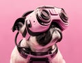 Robot pug dog wearing a VR headset and experiencing virtual reality simulation, metaverse and cyberspace Royalty Free Stock Photo