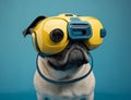 Robot pug dog wearing a VR headset and experiencing virtual reality simulation, metaverse and cyberspace Royalty Free Stock Photo