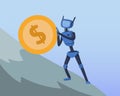 Robot pushing big dollar coin up the steep hill. Business and AI. Artificial intelligence and finance. Cyborg Sisyphean Royalty Free Stock Photo