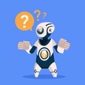 Robot With Question Mark Cyborg Isolated On Blue Background Concept Modern Artificial Intelligence Technology