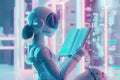 Robot reading book in data center with digital interface and cybernetic control panel. Global Internet connection network