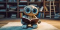 A robot reading a book in front of a bookshelf. Generative AI image. Royalty Free Stock Photo