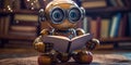 A robot reading a book in front of a bookshelf. Generative AI image. Royalty Free Stock Photo