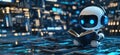 Robot reading book in futuristic digital environment, showcasing advanced technology and artificial intelligence