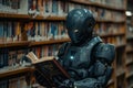 Robot Reading Book in Library.