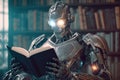 The robot is reading a book in the library.The concept of a robot feeling like a human.Photorealistic shot generated by AI
