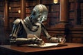 Robot reading a book in a library. 3d rendering, Robot author writing on a notepad in an old library, AI Generated