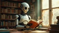 Robot is reading a book in a library Royalty Free Stock Photo