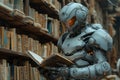 Robot Reading Book in Library. Technology Meets Learning in a Futuristic Setting.