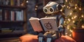 A robot reading a book in a living room. Generative AI image. Royalty Free Stock Photo