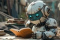Robot Reading Book on Table, Educational Learning Technology