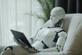 Robot reading on couch in modern interior, relaxed pose, soft lighting