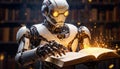 Robot reading a glowing book, AI and knowledge acquisition Royalty Free Stock Photo