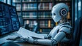 Robot reading in library, studying data and information