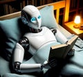 A robot reads a book in bed, created with the help of AI