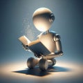 Robot reads a book on a gray plain background. Concept of learning, education, reading. World Book Day.