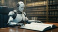 Robot Reads Book in Library, Exploring Artificial Intelligence and Machine Learning with Book Knowledge. Future Tec