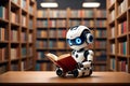 A robot reads a book in a library, symbolizing ai learning Royalty Free Stock Photo
