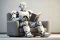 The robot reads a book while sitting on the couch. The concept of a robot feeling like a person