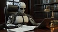 Robot Reads Documents in Office with Laptop and Lamp, Artificial Intelligence and Automation Concept