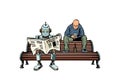 The robot reads the morning newspaper, a drunk man sits next