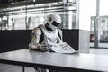 A robot reads a newspaper at a table, Generative AI