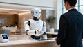 Robot Receptionist Greeting Visitor Modern Office Lobby Royalty Free Stock Photo