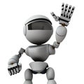 A robot that refuses. Stick out his left hand, deny access, and oppose it. 3D rendering. Isolated white background.