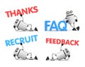 Robot is in a relaxed position holds the words - Feedback, FAQ, recruit, thanks