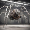 A robot resembling a giant spider, spinning intricate structures using both synthetic and organic materials