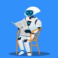 Robot Resting On Chair And Reading Newspaper Vector. Isolated Illustration