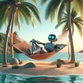 Robot resting in a hammock on the beach near the sea. Vacations lifestyle concept