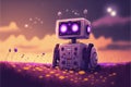 Robot resting on purple field while interacting with luminous butterflies. illustration painting