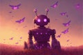 Robot resting on purple field while interacting with luminous butterflies. illustration painting