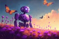 Robot resting on purple field while interacting with luminous butterflies. illustration painting