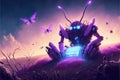 Robot resting on purple field while interacting with luminous butterflies. illustration painting