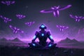 Robot resting on purple field while interacting with luminous butterflies. illustration painting