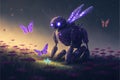 Robot resting on purple field while interacting with luminous butterflies. illustration painting