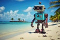 The robot is resting at a resort in a tropical paradise. The robot is sunbathing on a sunny beach near the sea. Animation Royalty Free Stock Photo