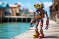 The robot is resting at a resort in a tropical paradise. The robot is sunbathing on a sunny beach near the sea. Animation Royalty Free Stock Photo