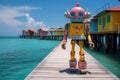 The robot is resting at a resort in a tropical paradise. The robot is sunbathing on a sunny beach near the sea. Animation Royalty Free Stock Photo