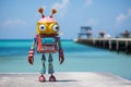 The robot is resting at a resort in a tropical paradise. The robot is sunbathing on a sunny beach near the sea. Animation Royalty Free Stock Photo