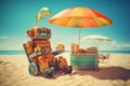 The robot is resting on a sunbed near the sea drinking drinks