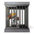 Robot restrained by prison. He is shouting false charges.