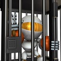 Robot restrained by prison. He is shouting false charges.