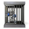 Robot restrained by prison. He is shouting false charges.