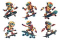 Robot rides skateboard cartoon style illustration. Robotics skateboarding characters isolated on white, crazy android on Royalty Free Stock Photo