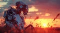 A robot riding on the back of a horse in a scenic field. This image can be used to depict the fusion of technology and