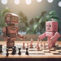 A robot and a robot chess game on a table. Generative AI image. Royalty Free Stock Photo