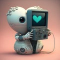 Robot, robot lover. Robot with green heart on pink background. Generative AI